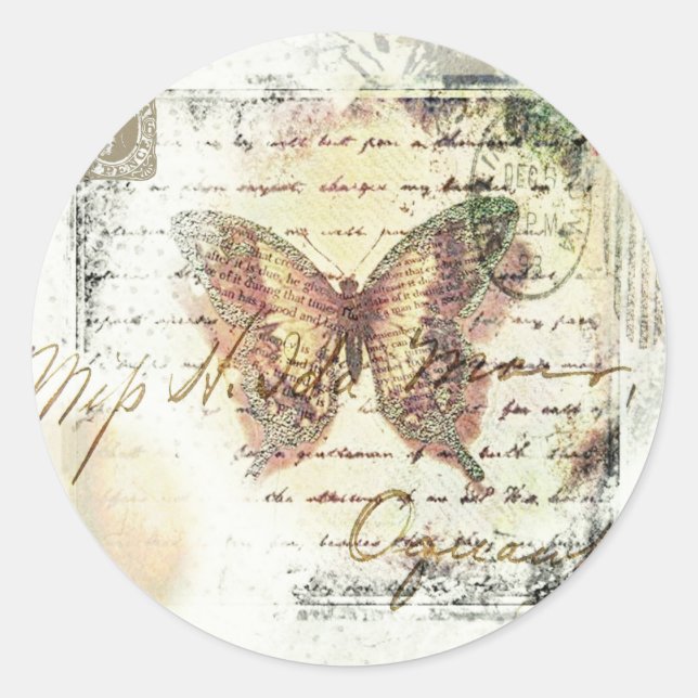 Vintage butterfly mail classic round sticker (Front)