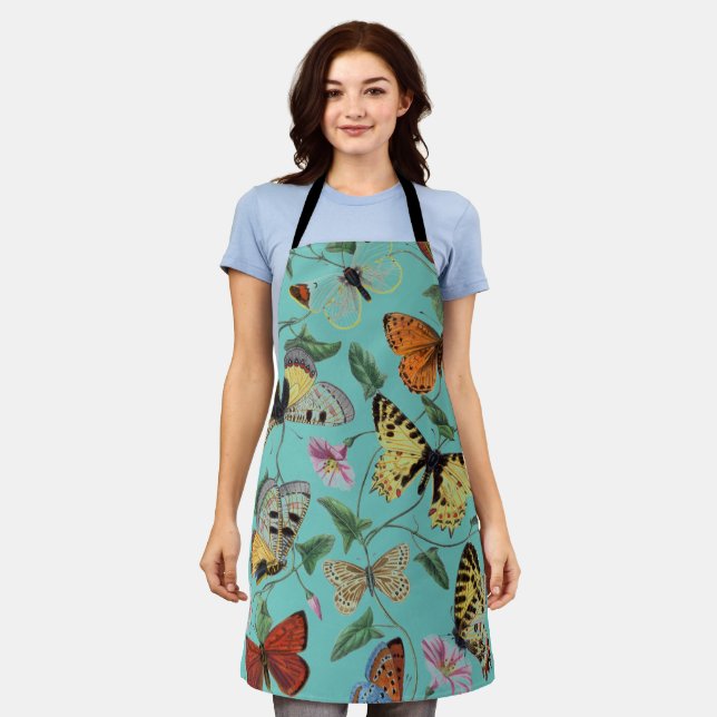 Vintage Butterfly & Moth Painting, Teal Apron (Worn)