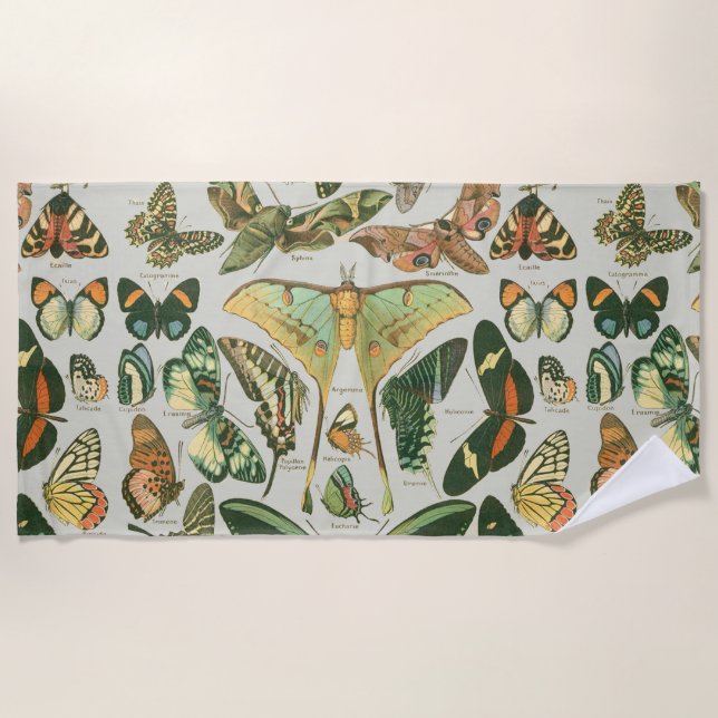 Vintage Butterfly Moth Pattern Print Beach Towel (Front)