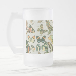 Vintage Butterfly Moth Pattern Print Frosted Glass Beer Mug