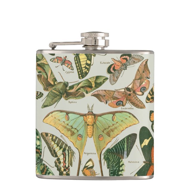 Vintage Butterfly Moth Pattern Print Hip Flask (Front)