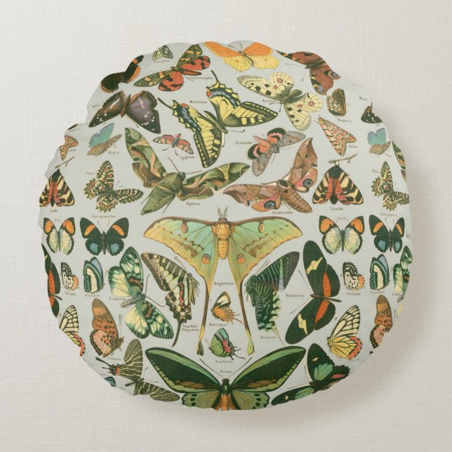 Vintage Butterfly Moth Pattern Print Round Cushion (Front)