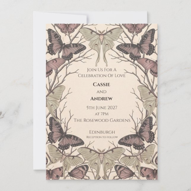 Vintage Butterfly Moth Wedding Invitation (Front)