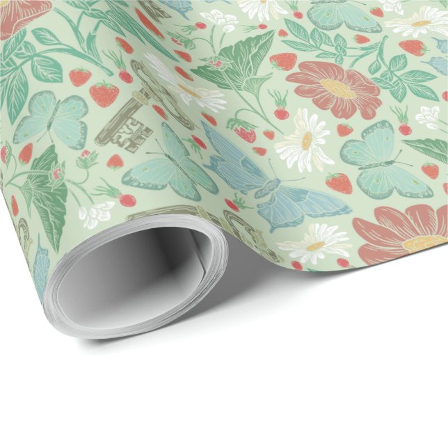 Vintage Butterfly Old Key White Daisy Wrapping Paper (Roll Corner)
