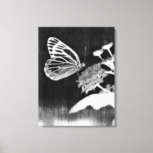 Vintage Butterfly on flower - Black and White 2 Canvas Print