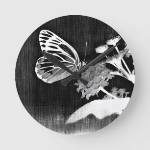 Vintage Butterfly on flower - Black and White 2 Round Clock