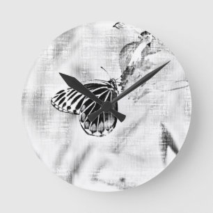 Vintage Butterfly on flower - Black and White Round Clock