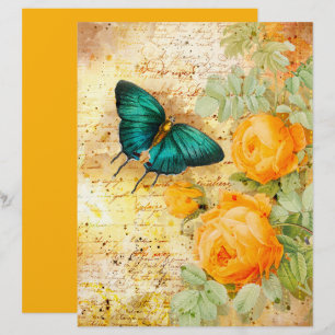 Vintage Butterfly Orange Flowers Scrapbook Paper