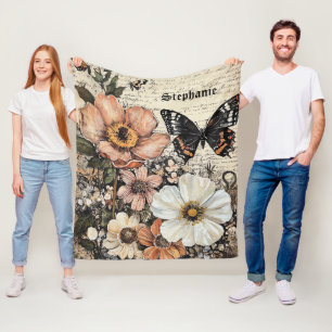 Vintage Butterfly Peony Botanical Fleece Blanket