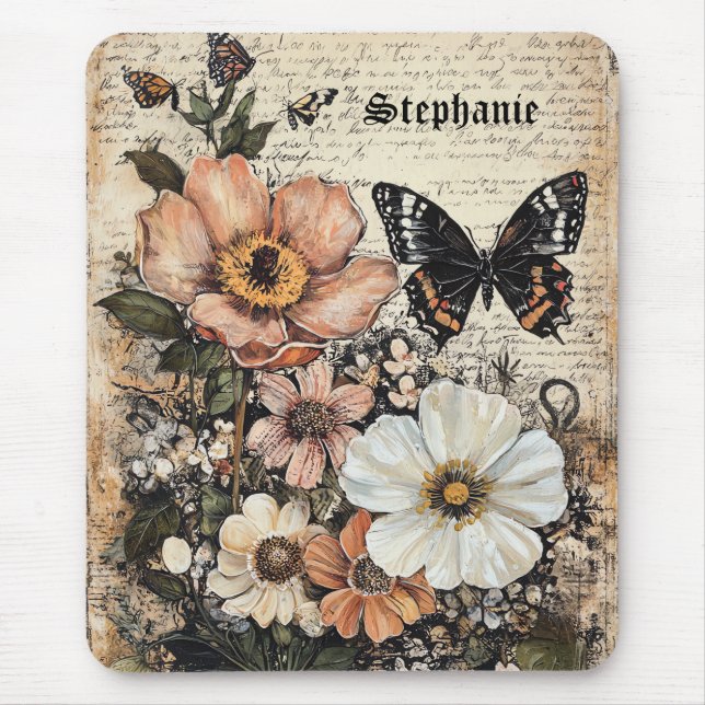 Vintage Butterfly Peony Botanical Mouse Mat (Front)