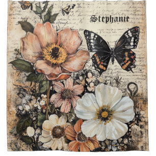 Vintage Butterfly Peony Botanical Shower Curtain