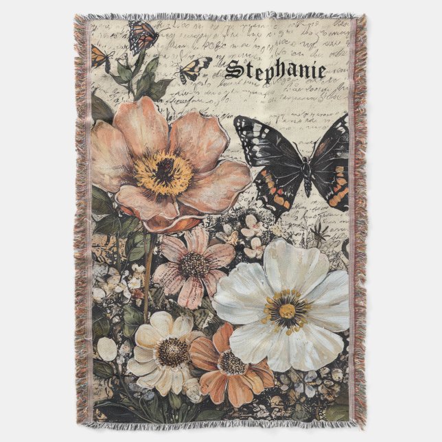 Vintage Butterfly Peony Botanical Throw Blanket (Front Vertical)