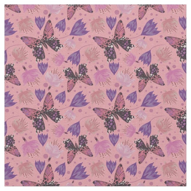 Vintage Butterfly Pink Floral Pattern Fabric (Close Up)