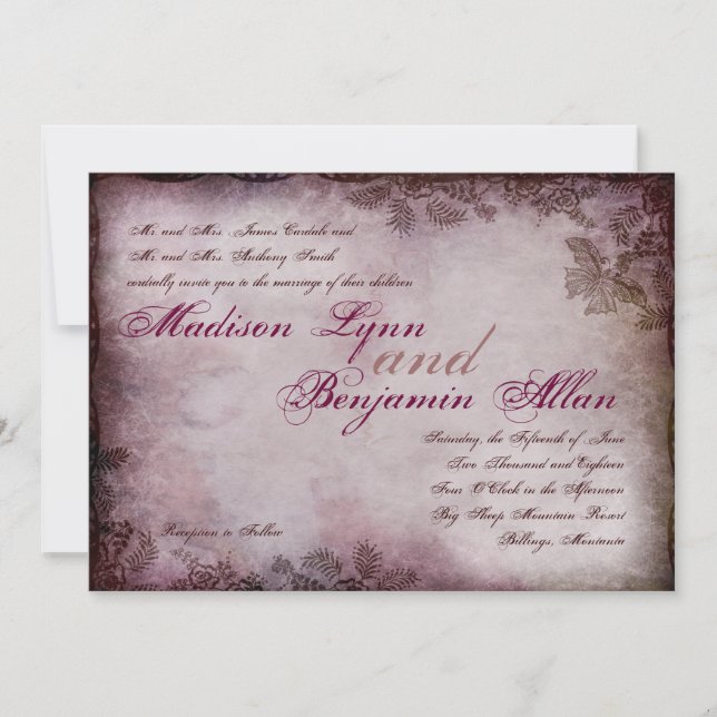 Vintage Butterfly Purple Rustic Wedding Invitation (Front)