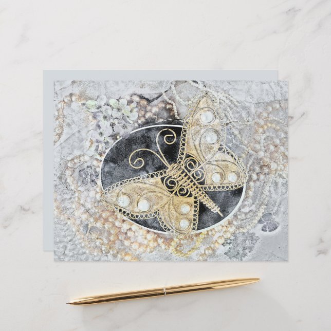 Vintage Butterfly Romantic Gold White Black Art (Front/Back In Situ)