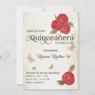Vintage butterfly watercolor red roses Quince  Invitation