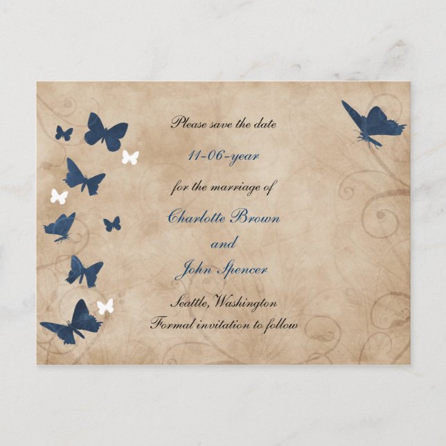 vintage butterfly wedding save the date announcement postcard (Front)