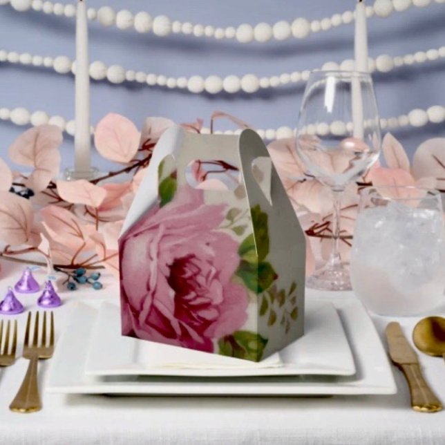 Vintage Cabbage Rose Elegance Favour Box  (D: 5"w x 3"l x 6.5”h. High-quality card stock. Food contact safe. Ships flat. 
)