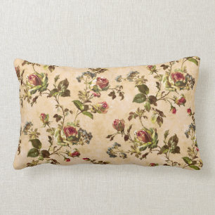 Vintage Cabbage Roses with Blue Flowers Lumbar Cushion