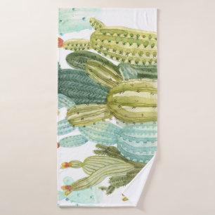 Vintage Cacti Blooming Watercolor Pattern Bath Towel