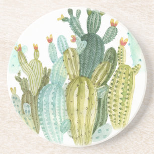 Vintage Cacti Blooming Watercolor Pattern Coaster