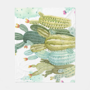 Vintage Cacti Blooming Watercolor Pattern Fleece Blanket