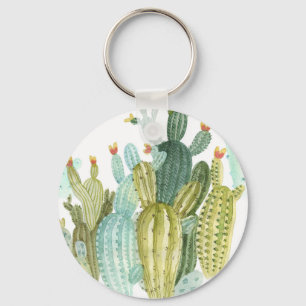 Vintage Cacti Blooming Watercolor Pattern Key Ring
