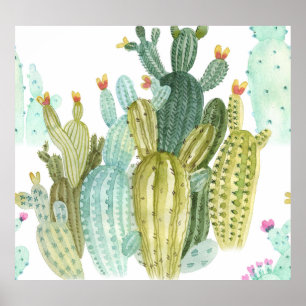Vintage Cacti Blooming Watercolor Pattern Poster