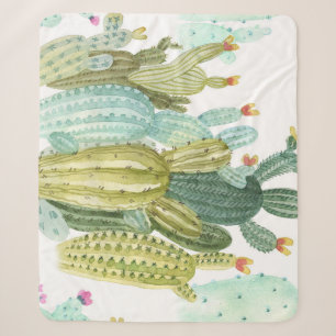 Vintage Cacti Blooming Watercolor Pattern Sherpa Blanket