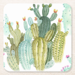 Vintage Cacti Blooming Watercolor Pattern Square Paper Coaster