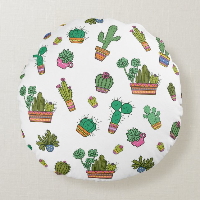 Vintage Cacti: Seamless Pattern Design. Round Cushion (Front)