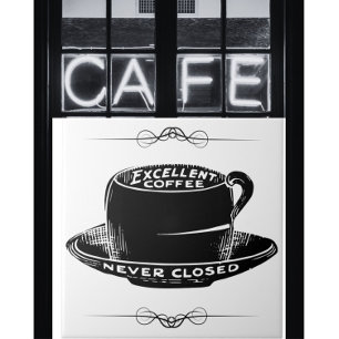 Vintage cafe coffee cup sign black and white tile