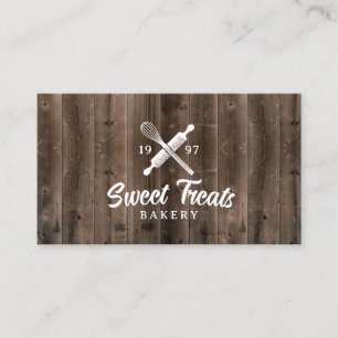 Vintage Cake Bakery Whisk Logo Rustic Wood Business Card