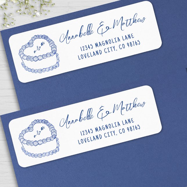 Vintage Cake Hand Drawn Blue Wedding Address (Vintage Cake Hand Drawn Blue Wedding Address label)