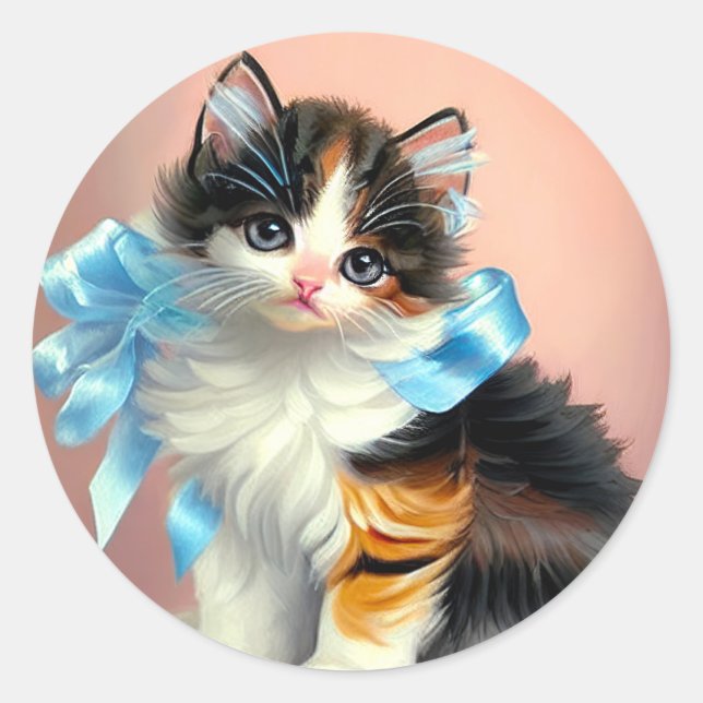 Vintage Calico Kitten Illustration Classic Round Sticker (Front)