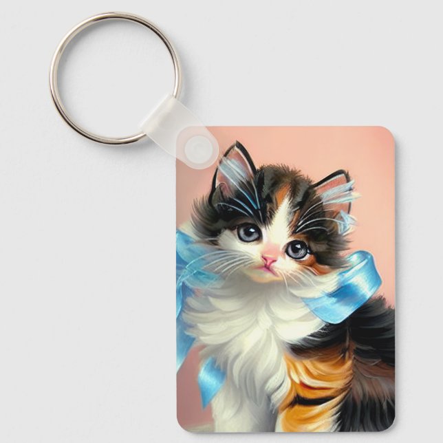Vintage Calico Kitten Illustration Key Ring (Front)