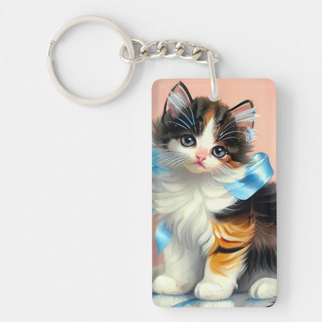 Vintage Calico Kitten Illustration Key Ring (Front)