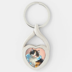 Vintage Calico Kitten Illustration Key Ring