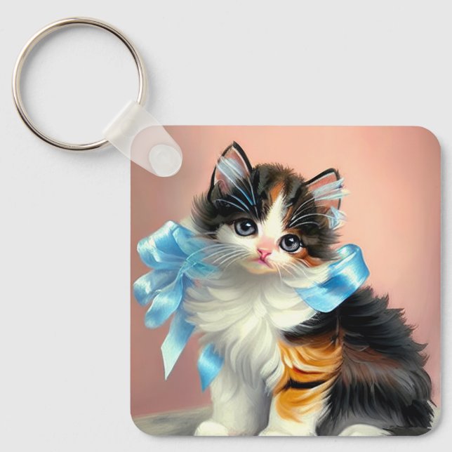 Vintage Calico Kitten Illustration Key Ring (Front)