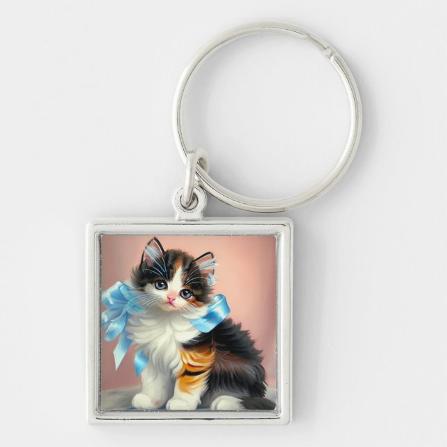 Vintage Calico Kitten Illustration Key Ring (Front)