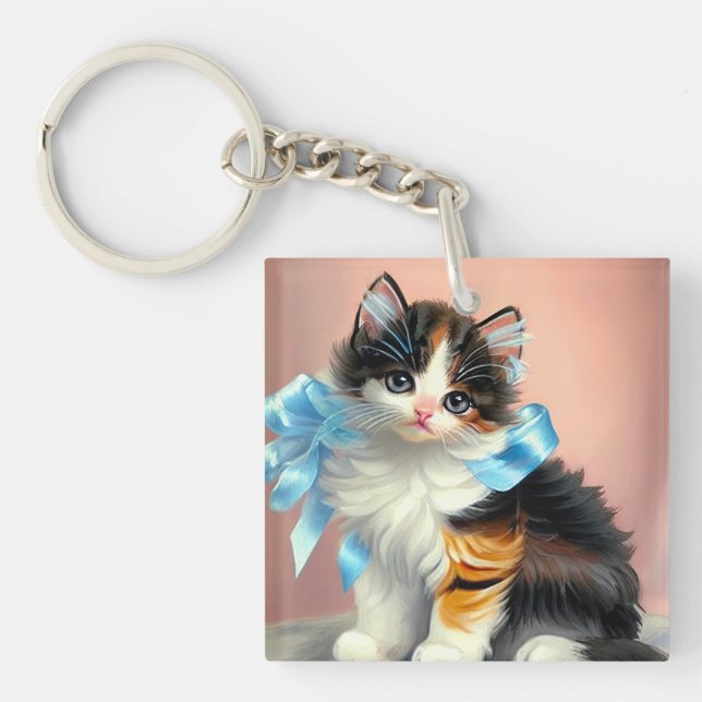 Vintage Calico Kitten Illustration Key Ring (Front)