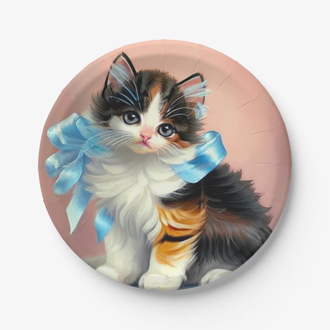 Vintage Calico Kitten Illustration Paper Plate (Front)