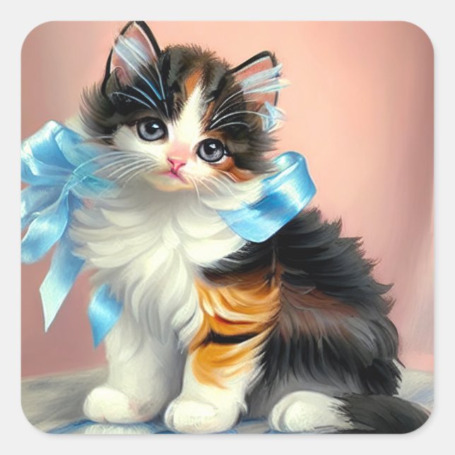 Vintage Calico Kitten Illustration Square Sticker (Front)