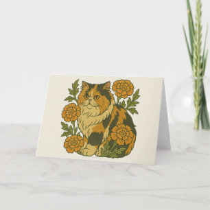 Vintage Calico Kitty Cat Marigold Flowers Card