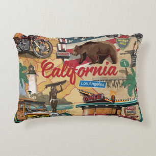 Vintage California poster with tourist attractions Decorative Cushion