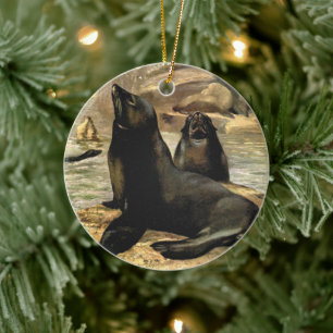 Vintage California Sea Lions by CE Swan Ceramic Tree Decoration