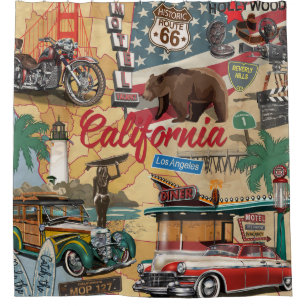 Vintage California: tourist attractions map. Shower Curtain