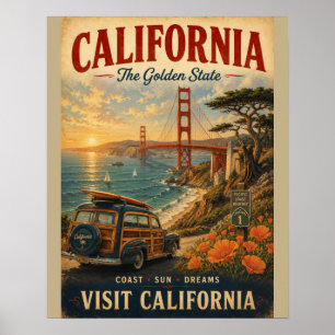Vintage California Travel Poster with Golden Gate