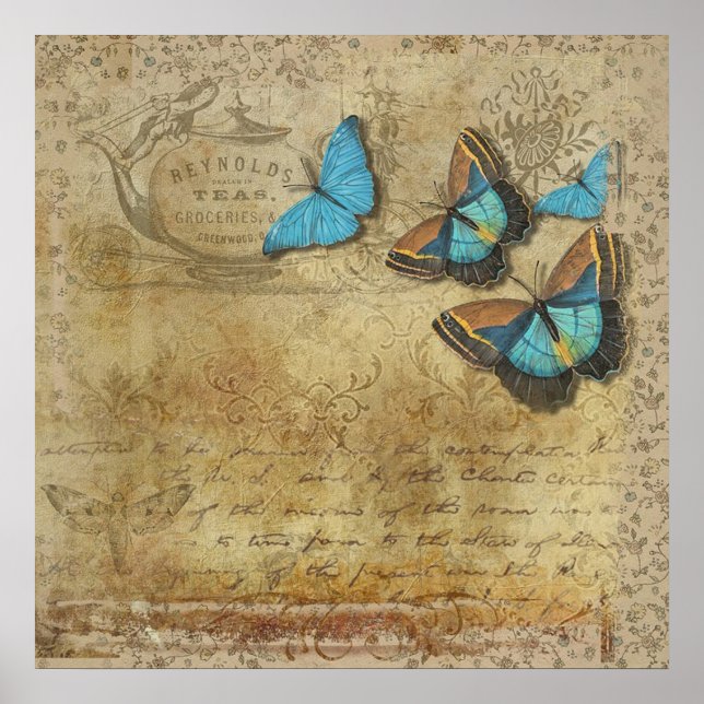 Vintage Calligraphy and Butterflies Poster (Front)