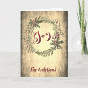 Vintage calligraphy joy botanical wreath  holiday card